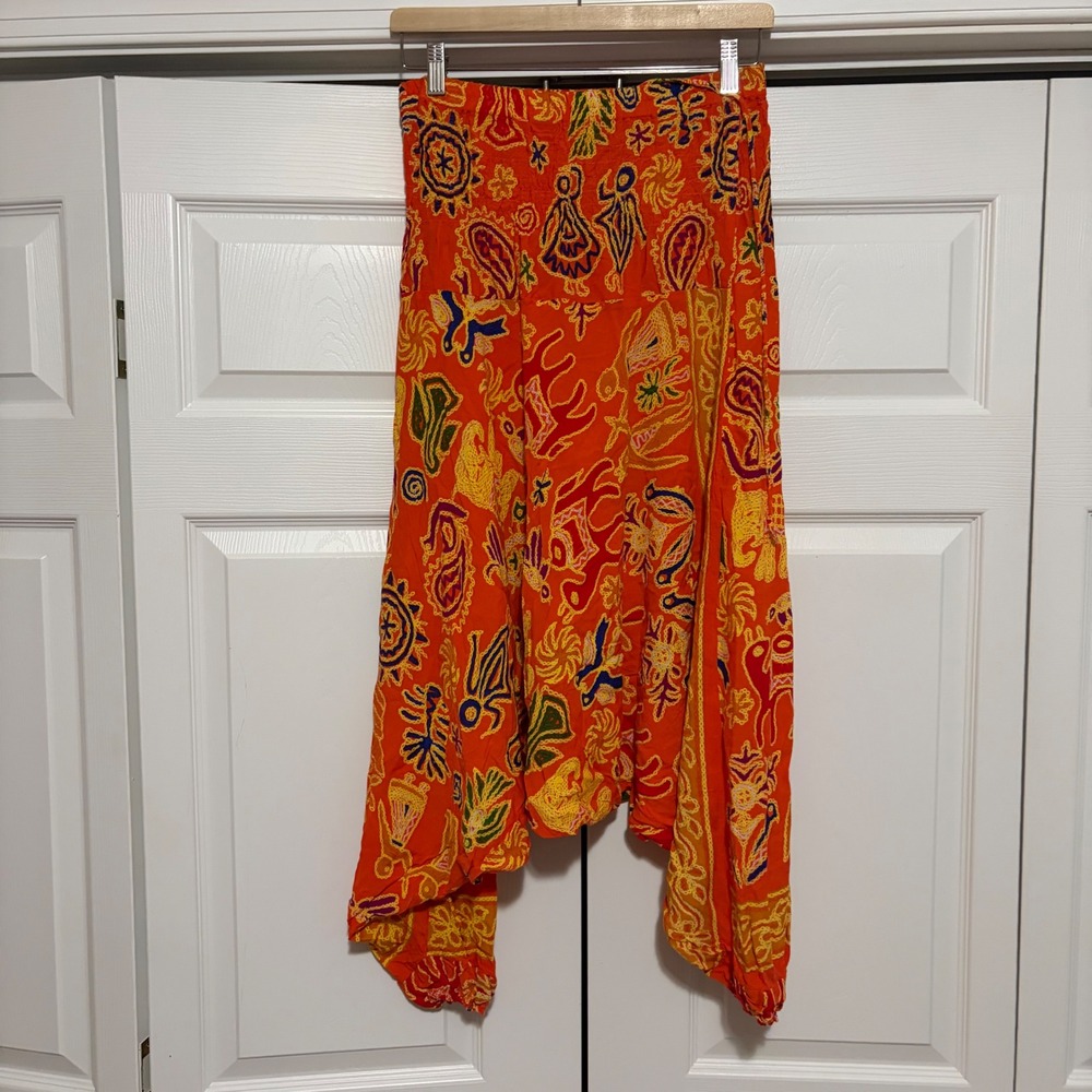 Harem Pants Women M Orange Embroidered Boho Travel Yoga Core Hippie Resort